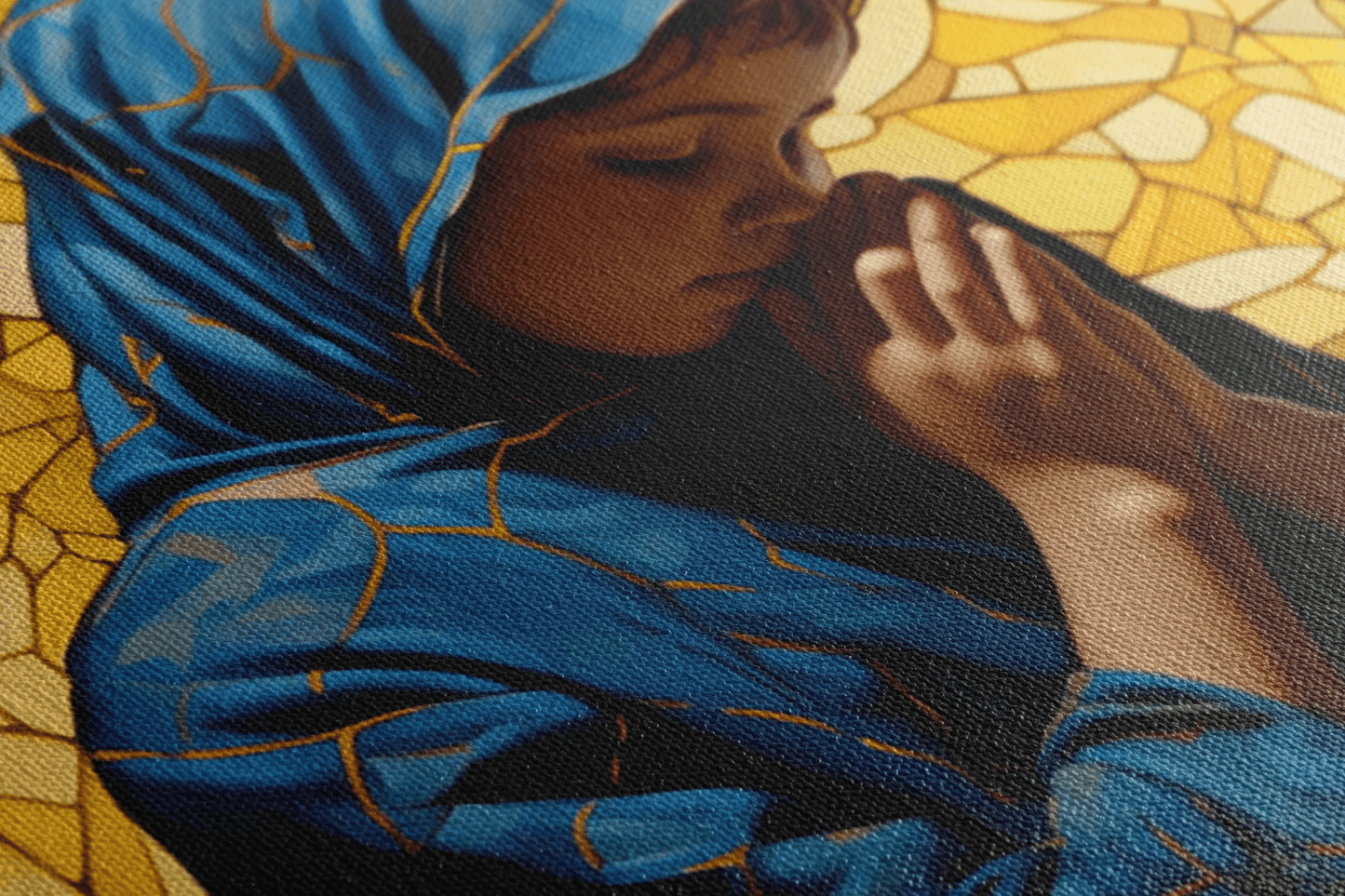 Detailed closeup of a Colorful Catholic Wall Art Canvas with a painting of a girl praying in a Christian Chapel