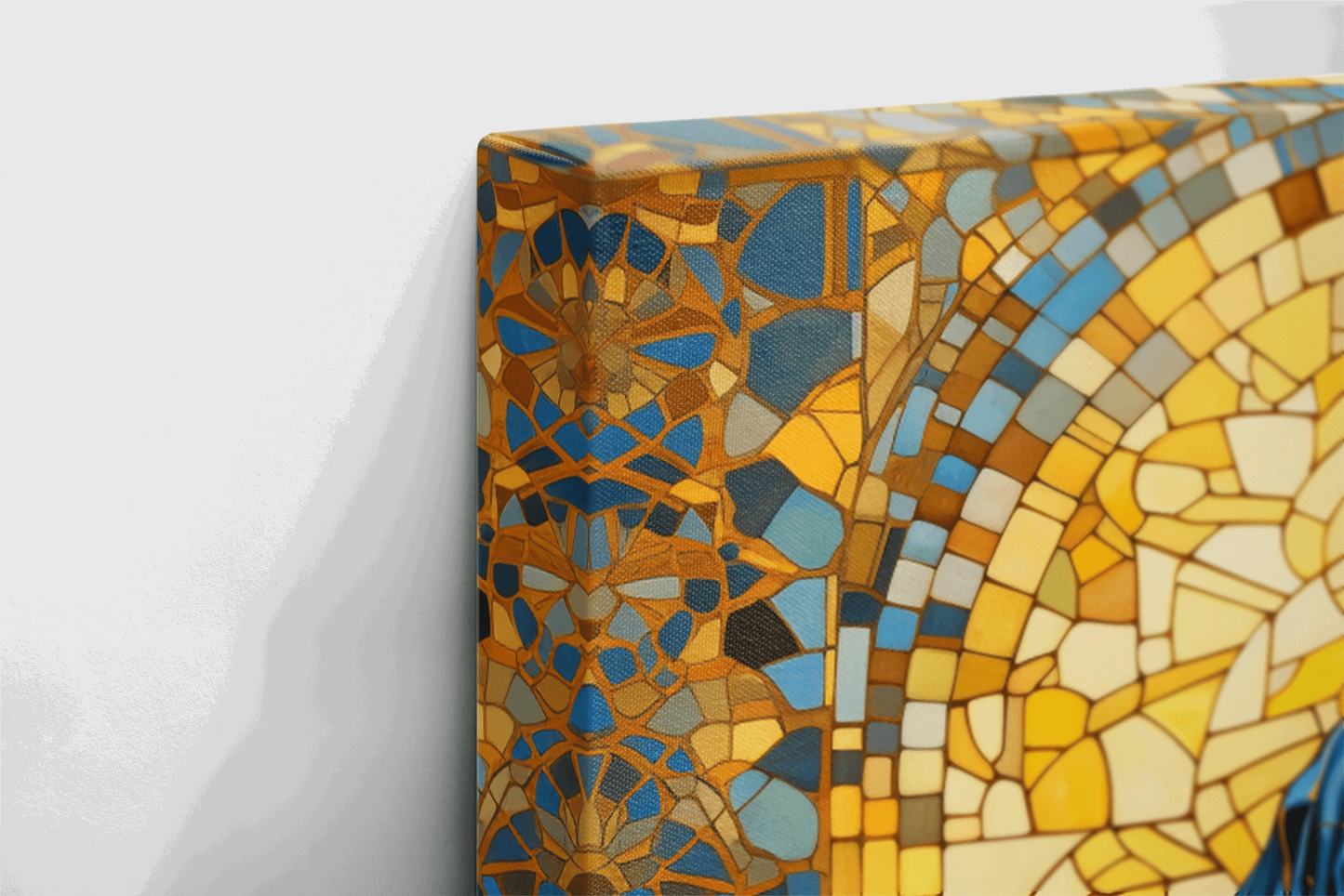 Side closeup of a Colorful Catholic Wall Art Canvas with a painting of a girl praying in a Christian Chapel