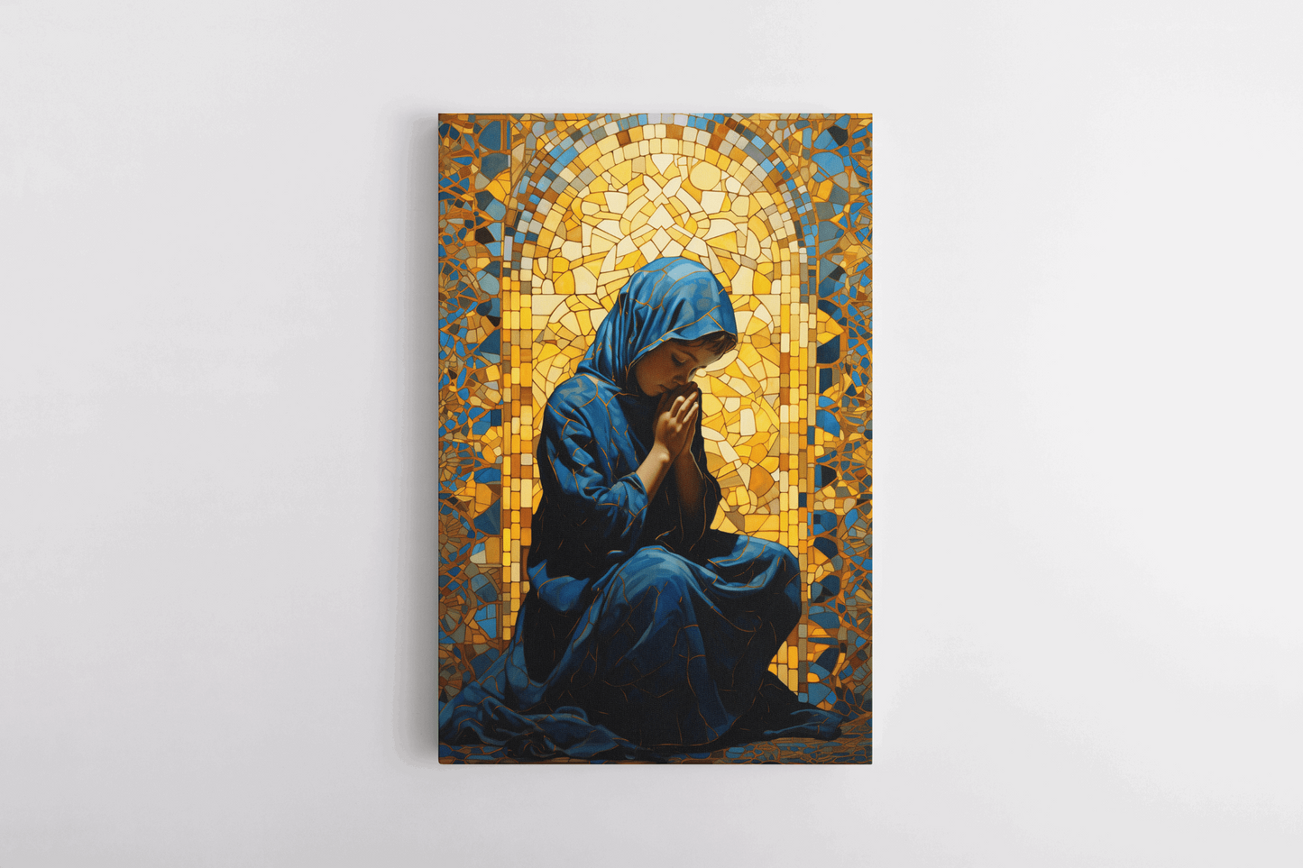 Colorful Oil Painting Catholic Wall Art Canvas with a painting of a girl praying in a Christian Chapel