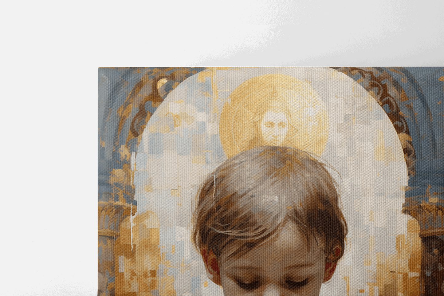 Canvas closeup of a Painting in a style of mosaic picturing a small child praying in a Catholic chapel