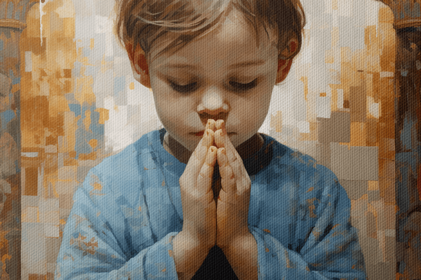 Closeup of a Painting in a style of mosaic picturing a small child praying in a Catholic chapel
