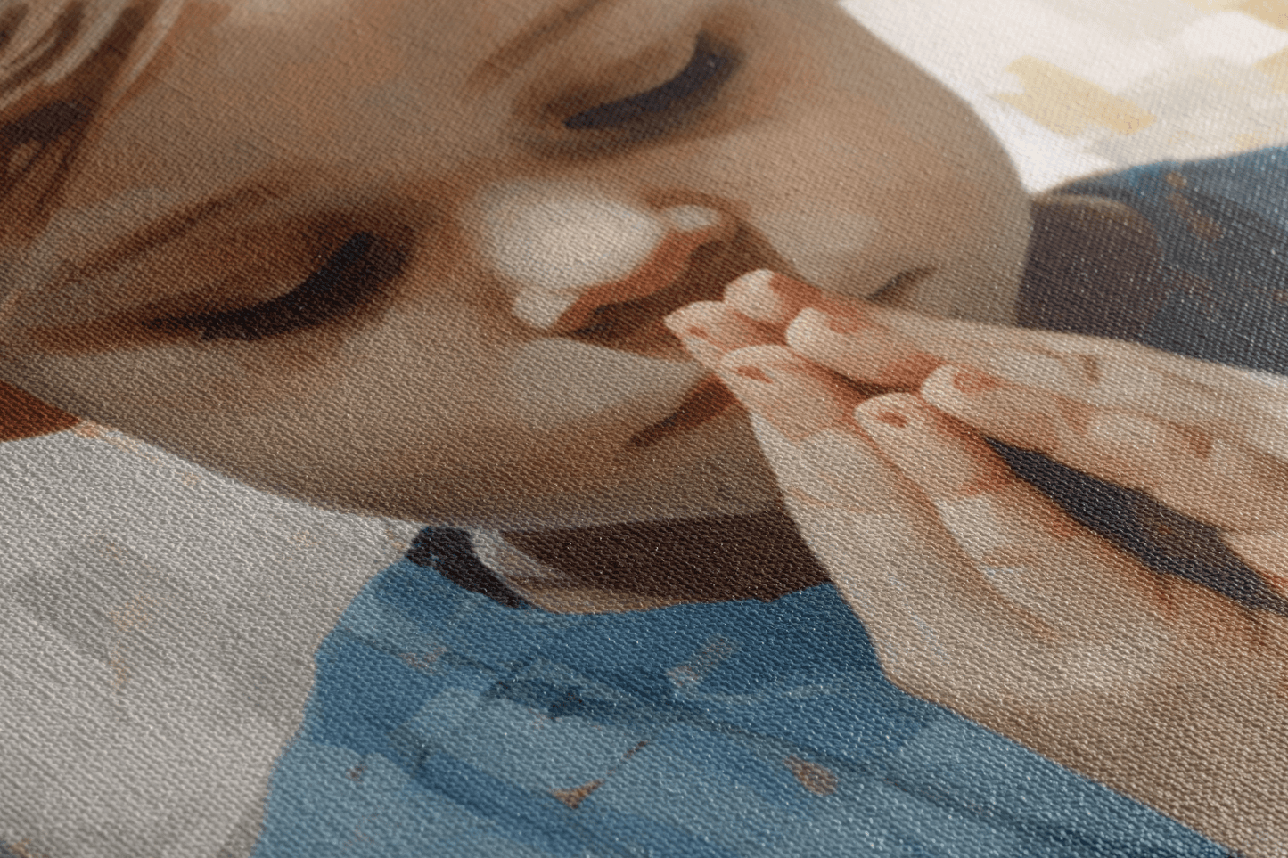 Closeup of a canvas Painting in a style of mosaic picturing a small child praying in a Catholic chapel