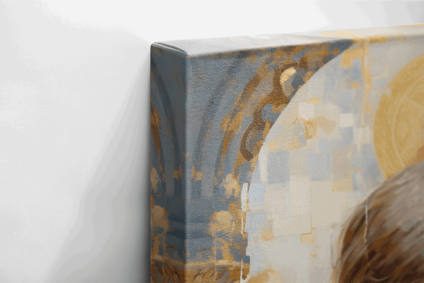 Side closeup of a Painting in a style of mosaic picturing a small child praying in a Catholic chapel