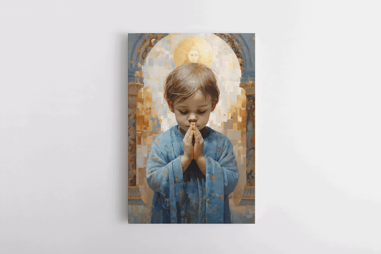 Painting in a style of mosaic picturing a small child praying in a Catholic chapel