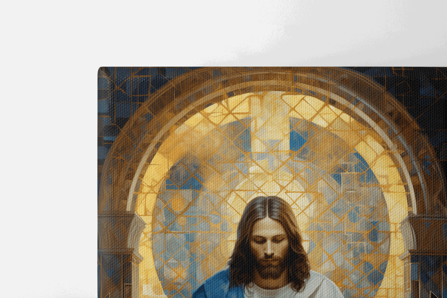 Closeup of the top half of Canvas Wall Art Realistic Oil Painting of Jesus Christ reading Bible while sitting on a throne in a Catholic chapel
