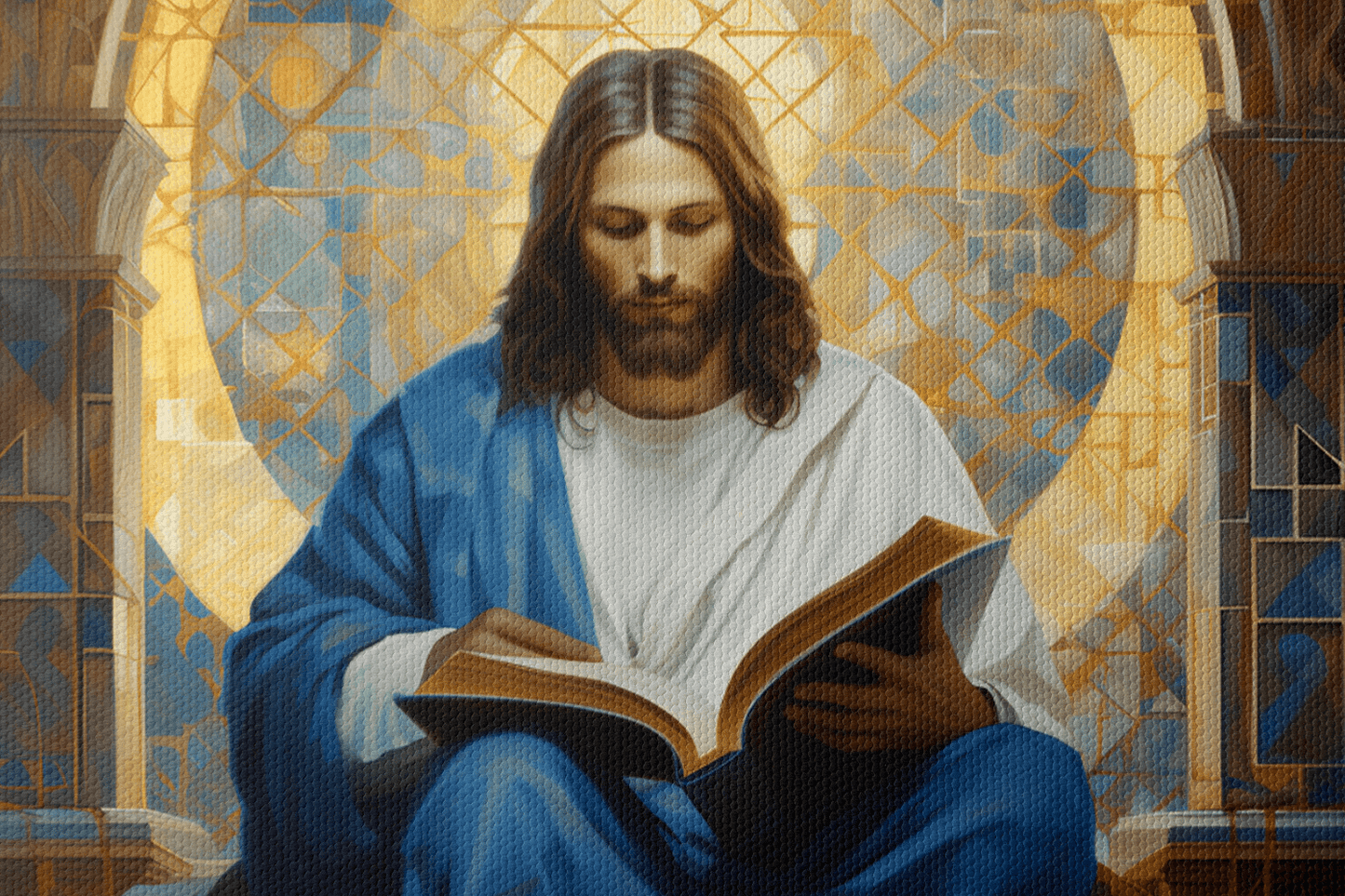 Closeup of Canvas Wall Art Realistic Oil Painting of Jesus Christ reading Bible while sitting on a throne in a Catholic chapel