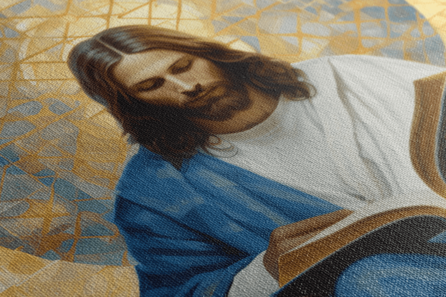 Detailed closeup of Canvas Wall Art Realistic Oil Painting of Jesus Christ reading Bible while sitting on a throne in a Catholic chapel