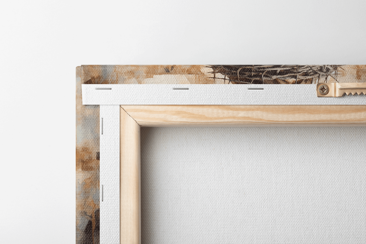 Back side view of Canvas Wall Art portrait of Jesus Christ painted with neutral colors wearing a white robe and a crown of thorns