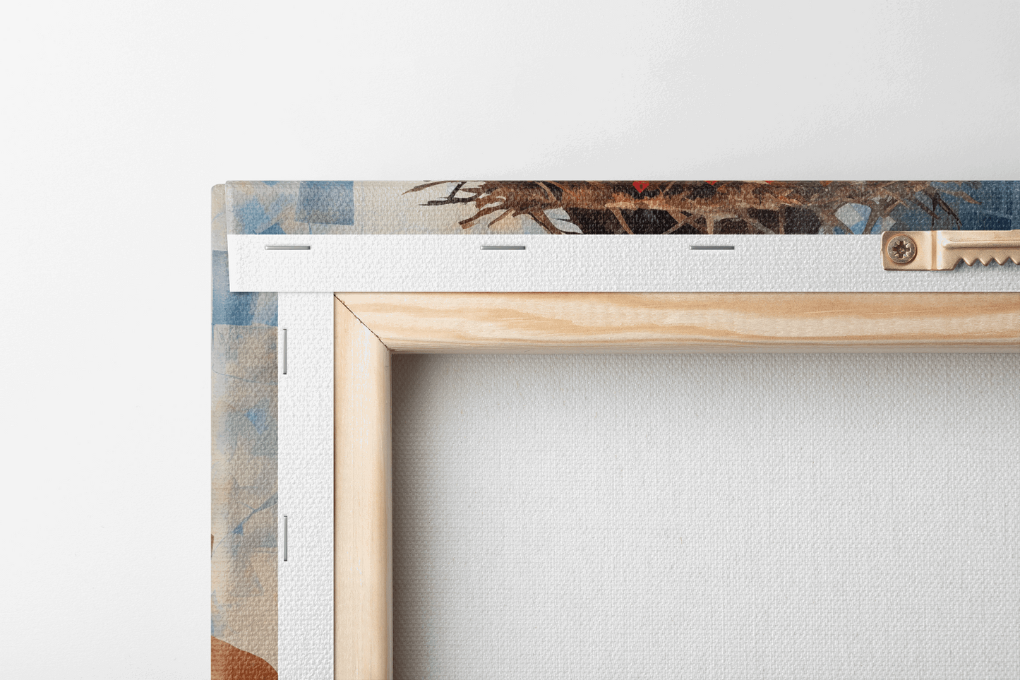 Back view of Canvas Wall Art Catholic Painting of a portrait of Jesus Christ with a crown of thorns in front of an abstract background