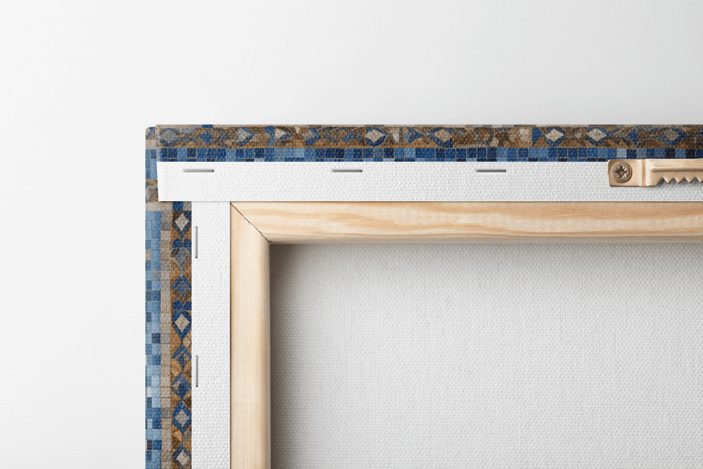 Back view of Canvas Wall Art Mosaic style Painting of Jesus Christ Praying in a Catholic Chapel with gold and natural tiles