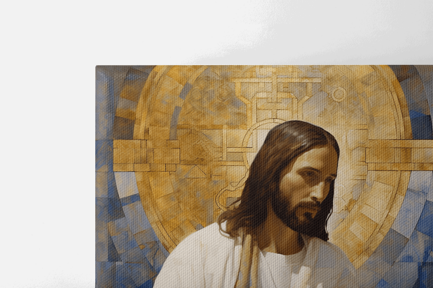 Closeup showing top half of Canvas Wall Art Christian Decor of a painting of Jesus Christ holding Bible, the background is abstract mosaic style with shades of blue with golden halo