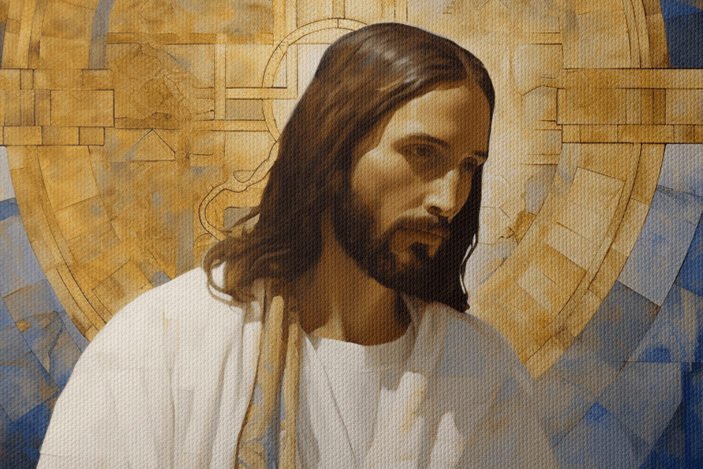 Closeup of Canvas Wall Art Christian Decor of a painting of Jesus Christ holding Bible, the background is abstract mosaic style with shades of blue with golden halo