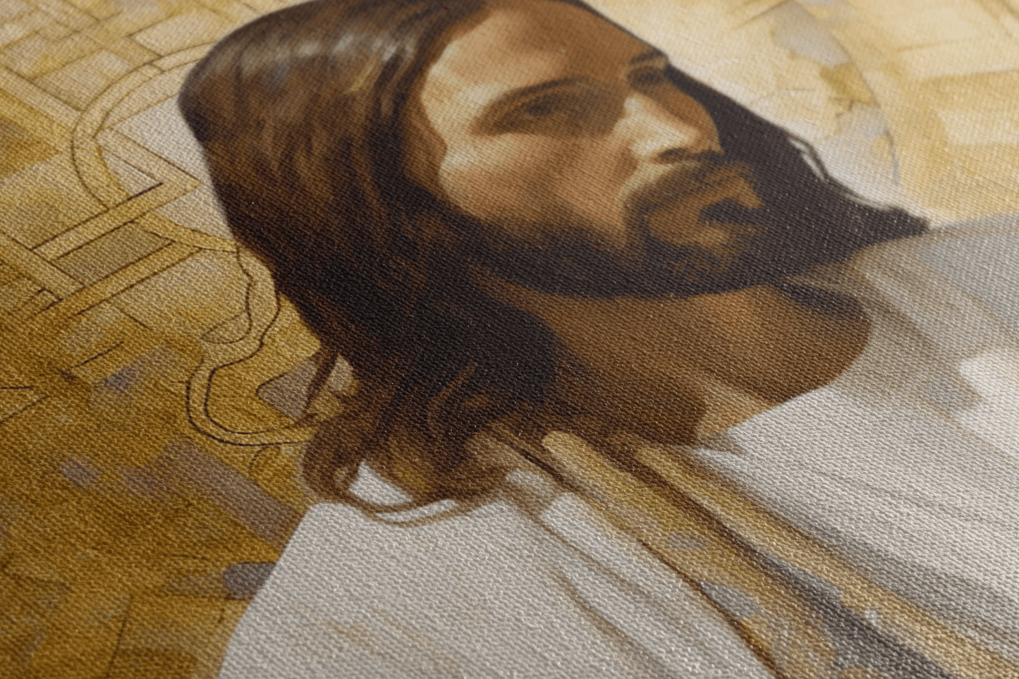 Detailed closeup of Canvas Wall Art Christian Decor of a painting of Jesus Christ holding Bible, the background is abstract mosaic style with shades of blue with golden halo