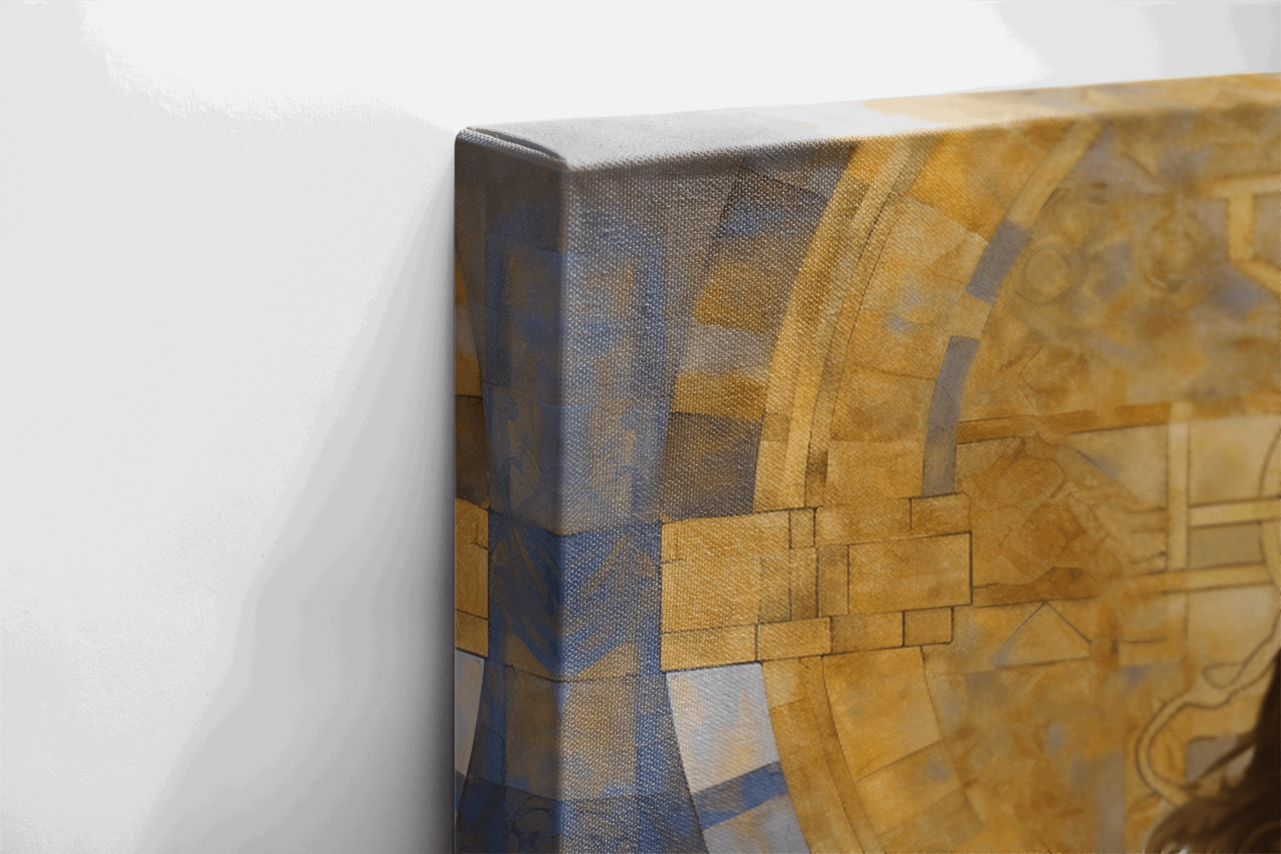 Side view of Canvas Wall Art Christian Decor of a painting of Jesus Christ holding Bible, the background is abstract mosaic style with shades of blue with golden halo