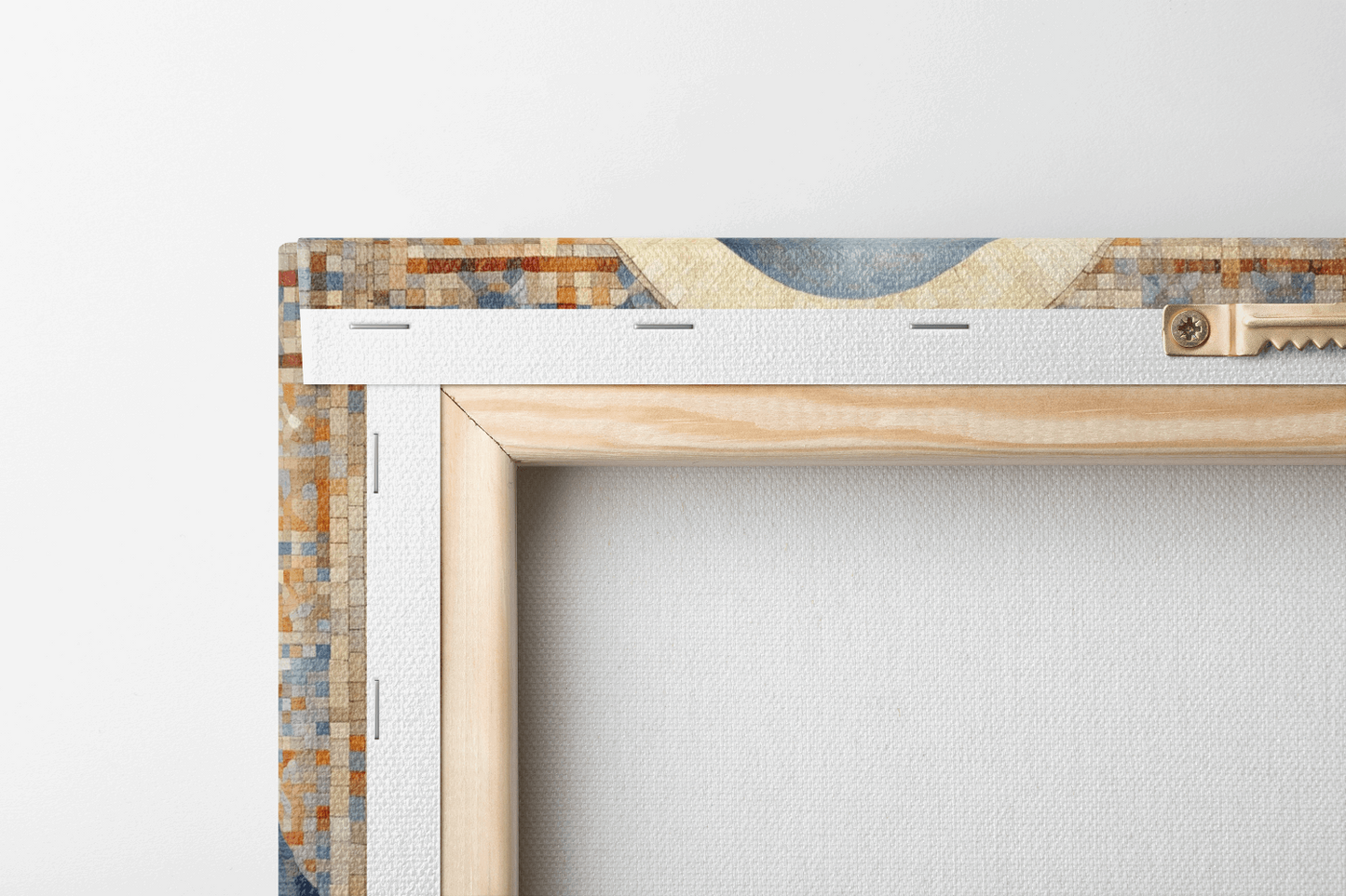 Back side view of Canvas Wall Art Mosaic style painting of Mary Mother of God holding Baby Jesus in her arms