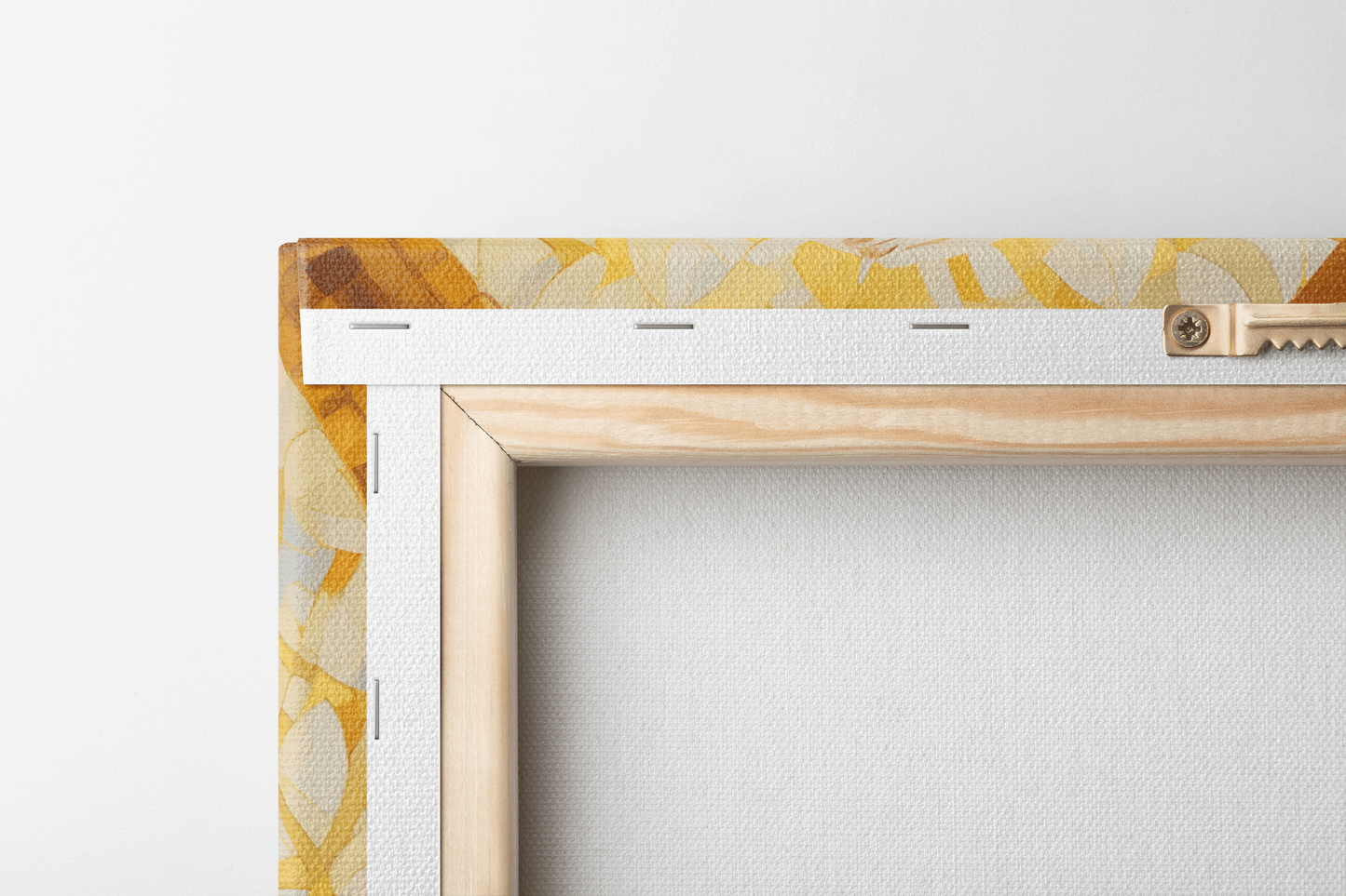 Back closeup of a canvas with a painting of a boy praying in a chapel