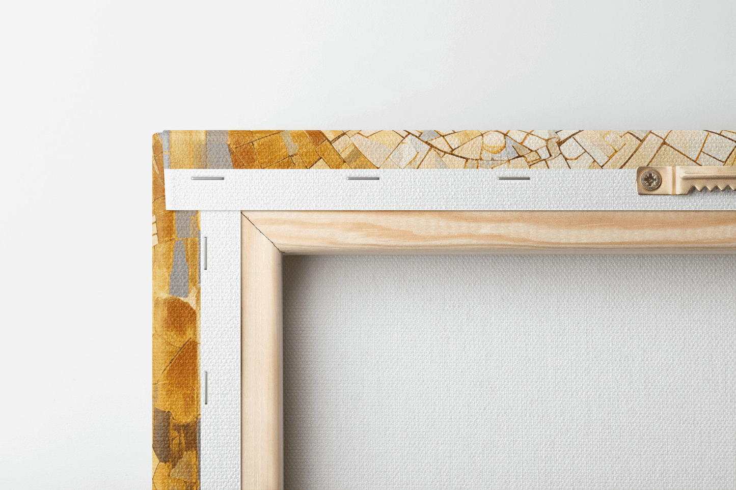 Back side view of Canvas Wall Art Painting of a young child kneels in prayer against a radiant golden background