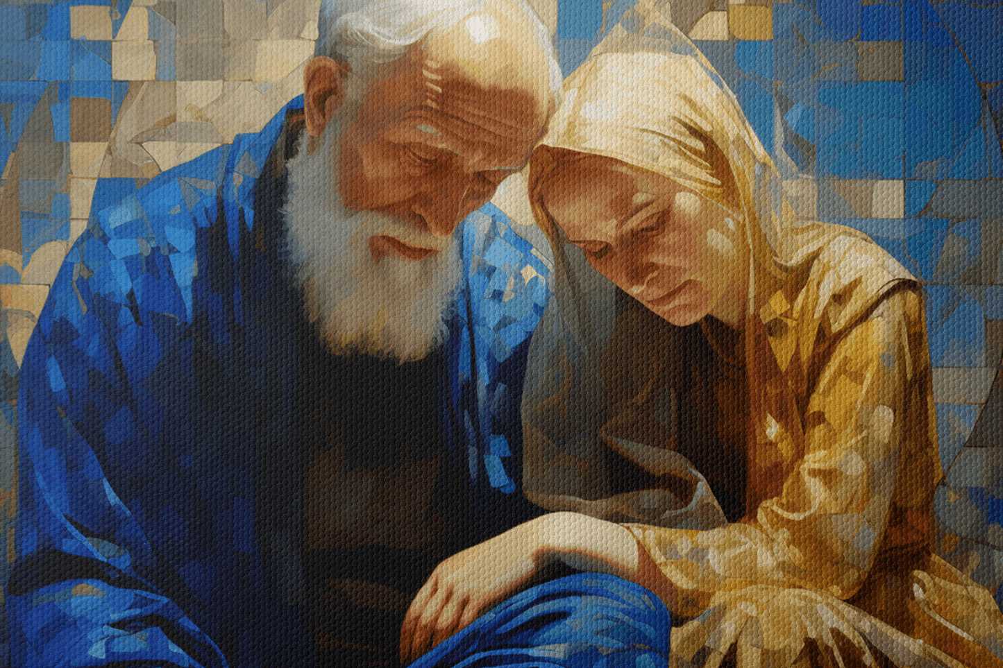 Closeup of Canvas Wall Art Painting of Abraham and Sarah sitting in a Catholic chapel