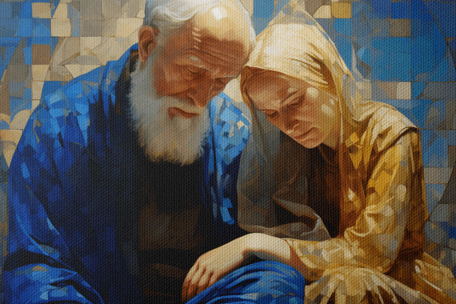 Closeup of Canvas Wall Art Painting of Abraham and Sarah sitting in a Catholic chapel