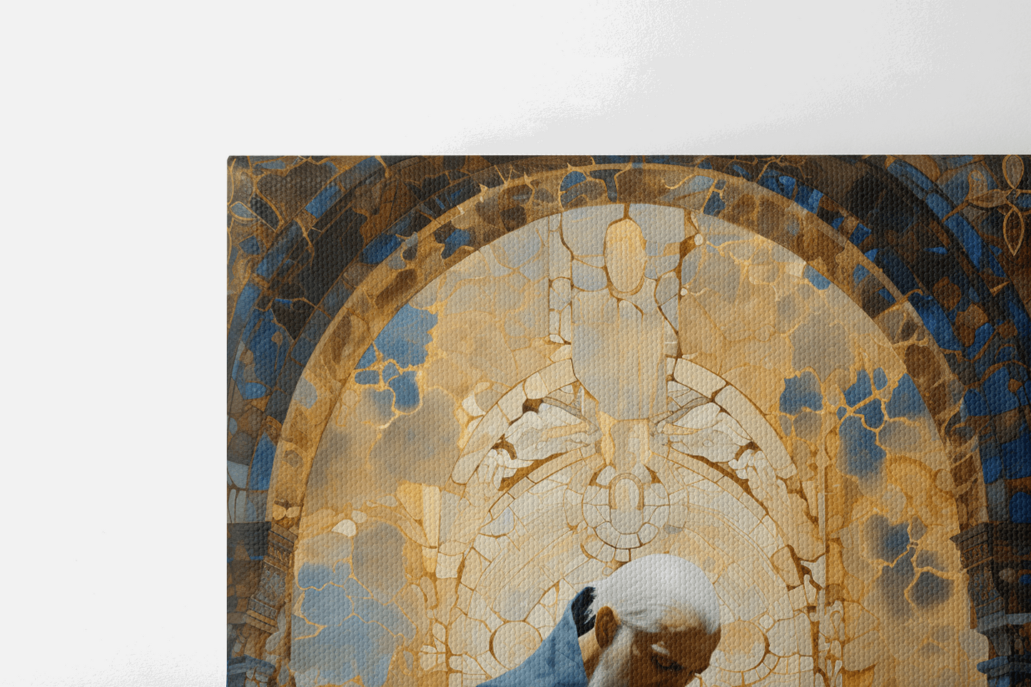 Corner closeup of Canvas Catholic painting of Abraham praying in a chapel
