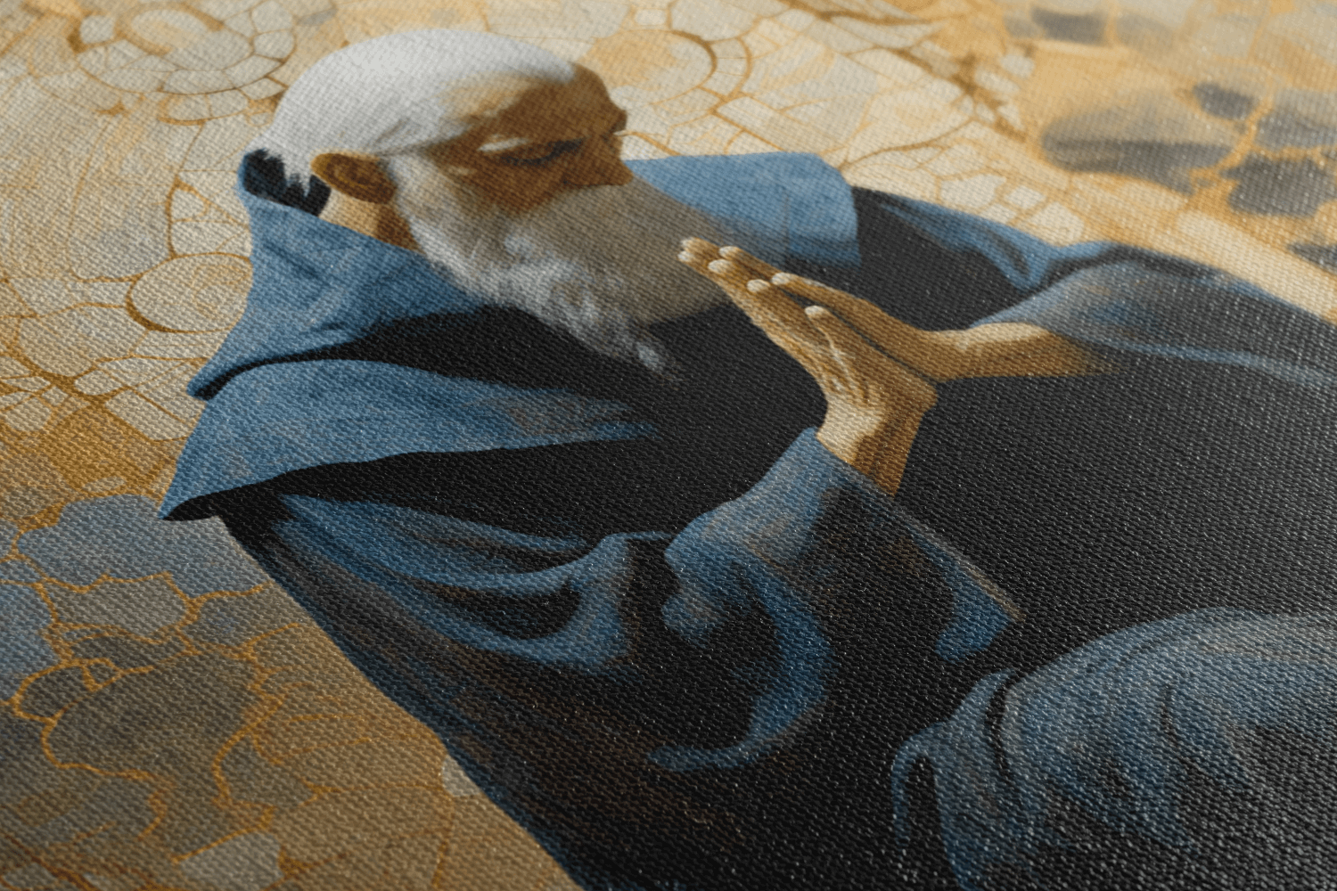 Tilted closeup of Catholic painting of Abraham praying in a chapel