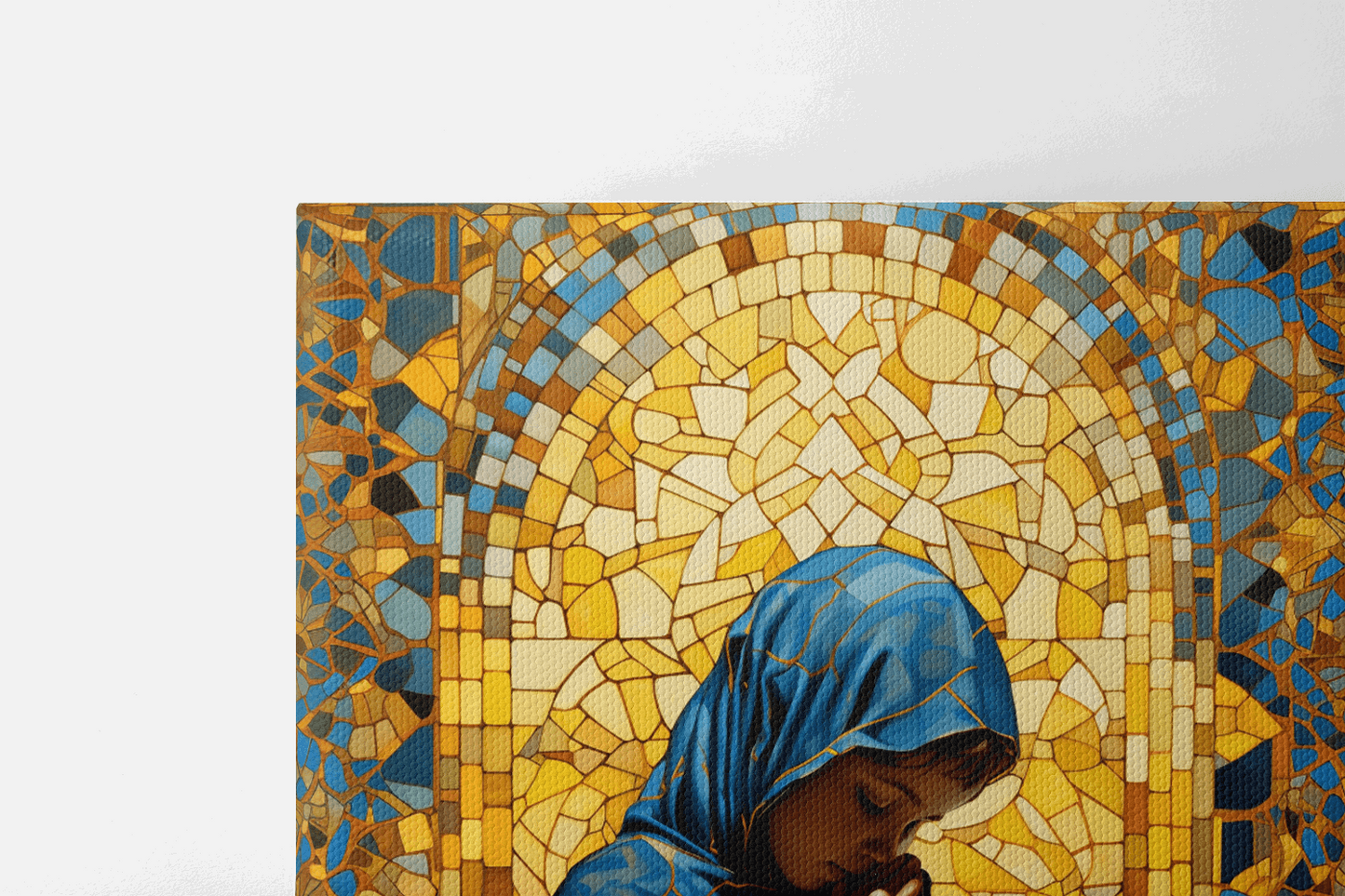 Colorful Catholic Wall Art Canvas with a painting of a girl praying in a Christian Chapel