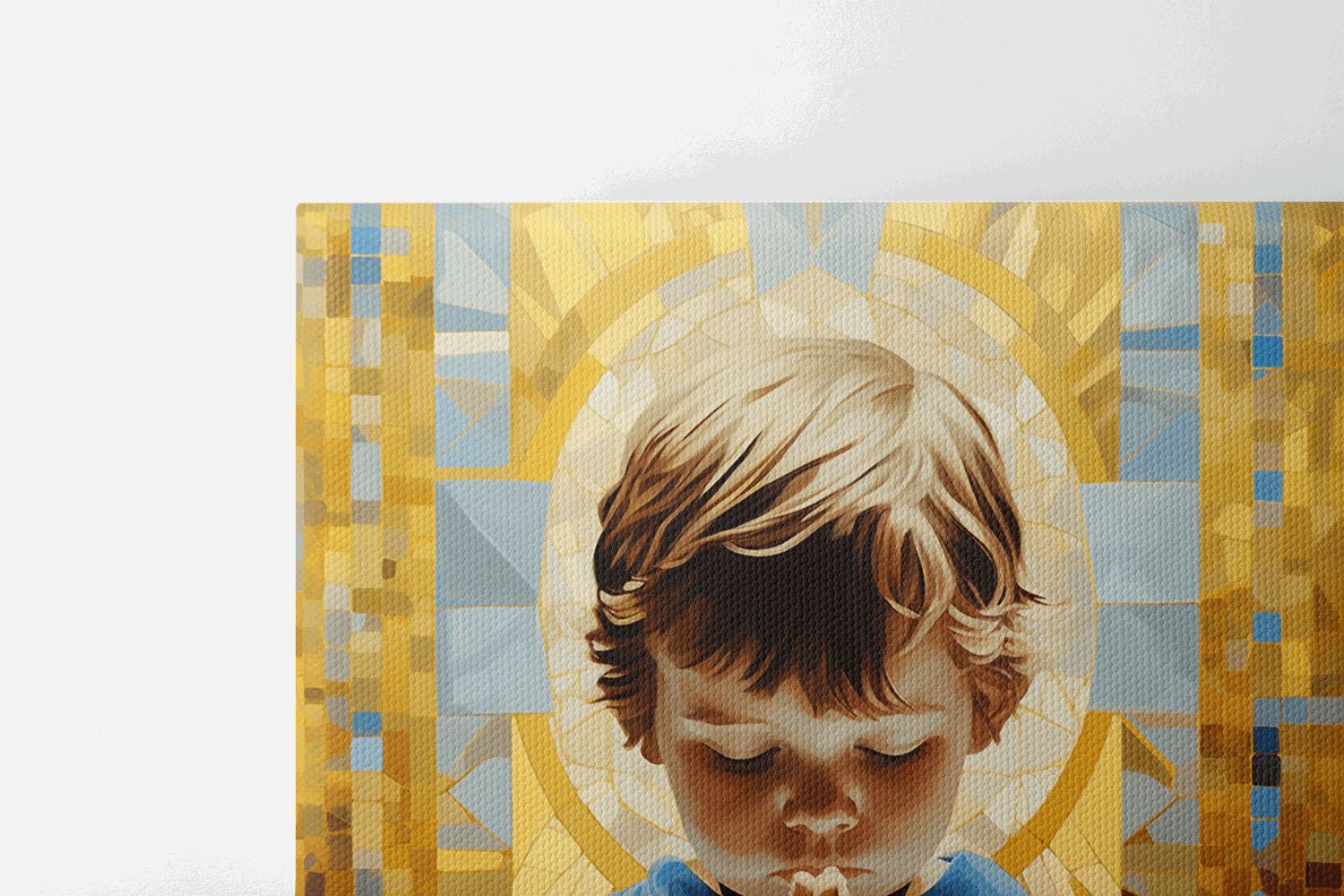Closeup of the top half of Canvas Wall Art Painting of a Young Child sitting and praying in front of a gold mosaic style background