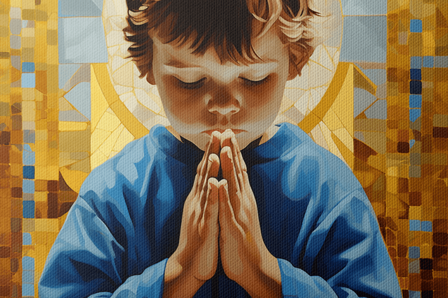 Closeup of Canvas Wall Art Painting of a Young Child sitting and praying in front of a gold mosaic style background