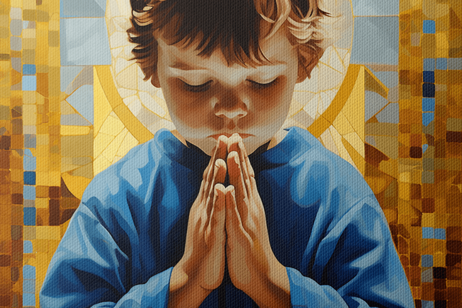 Closeup of Canvas Wall Art Painting of a Young Child sitting and praying in front of a gold mosaic style background