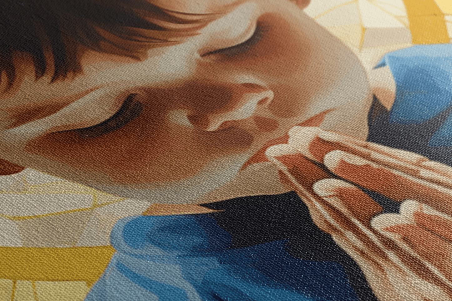 Detailed closeup of Canvas Wall Art Painting of a Young Child sitting and praying in front of a gold mosaic style background
