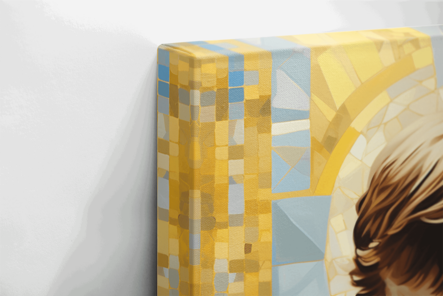 Side view Canvas Wall Art Painting of a Young Child sitting and praying in front of a gold mosaic style background