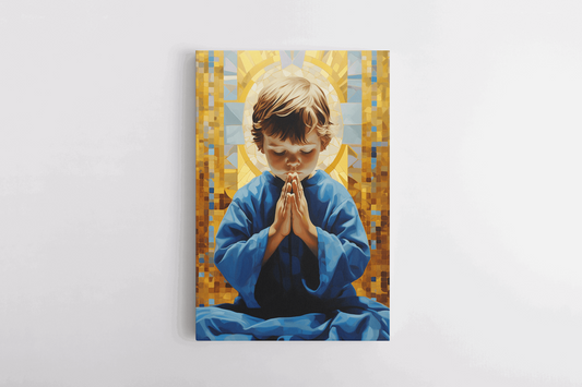 Canvas Wall Art Painting of a Young Child sitting and praying in front of a gold mosaic style background
