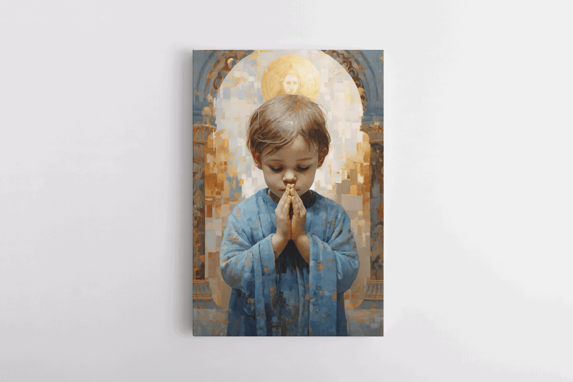 Painting in a style of mosaic picturing a small child praying in a Catholic chapel