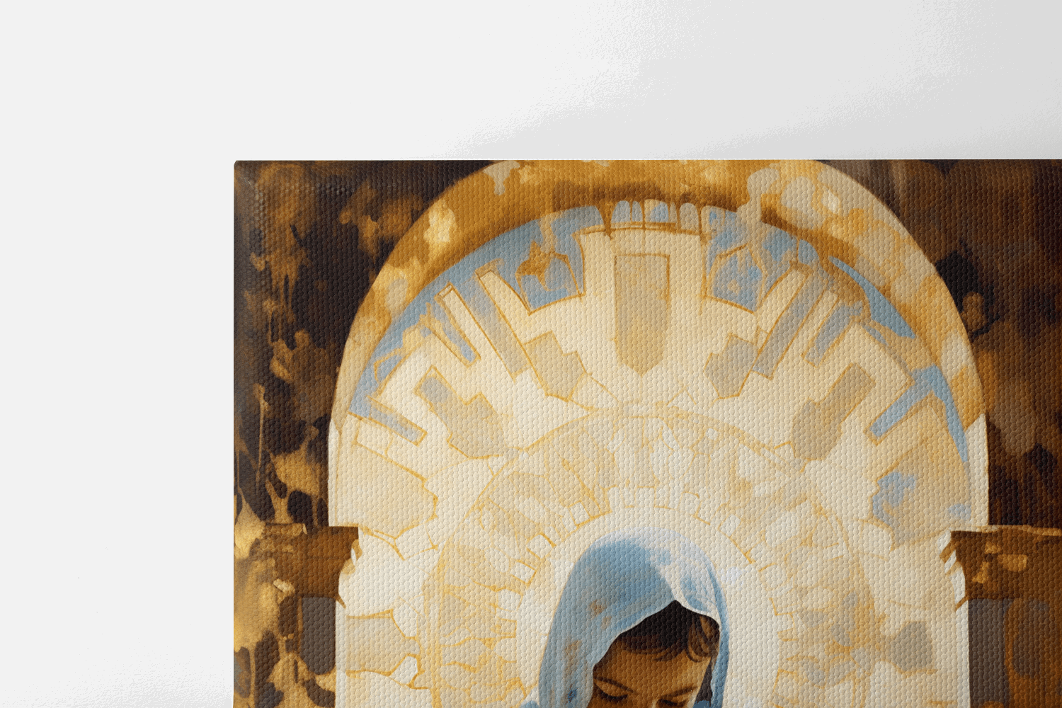 Closeup of top half of Canvas Wall Art Painting of a Child kneeling and praying while wearing a light blue robe and scarf