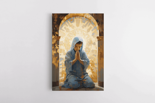 Canvas Wall Art Painting of a Child kneeling and praying while wearing a light blue robe and scarf