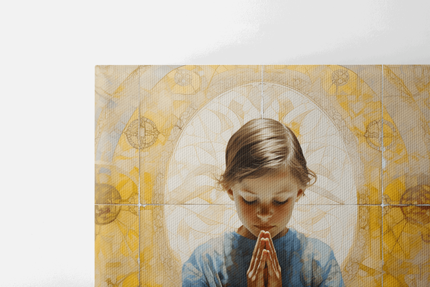 Painting on a canvas of a girl praying with her eyes closed in a Catholic chapel