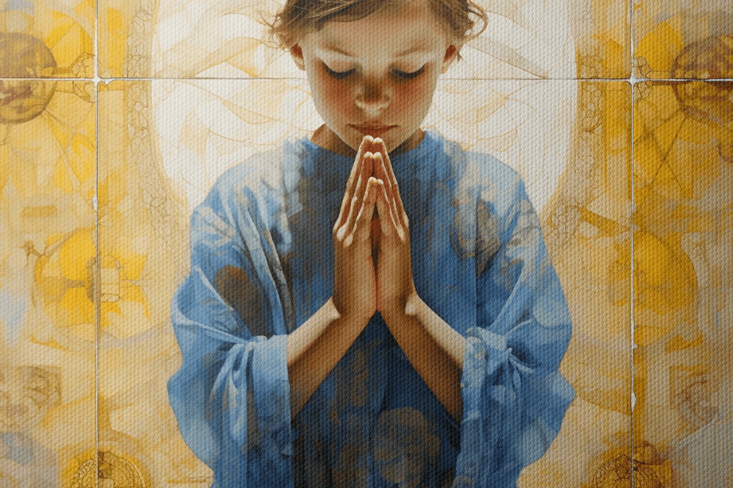 Closeup of a Painting on a canvas of a girl praying with her eyes closed in a Catholic chapel