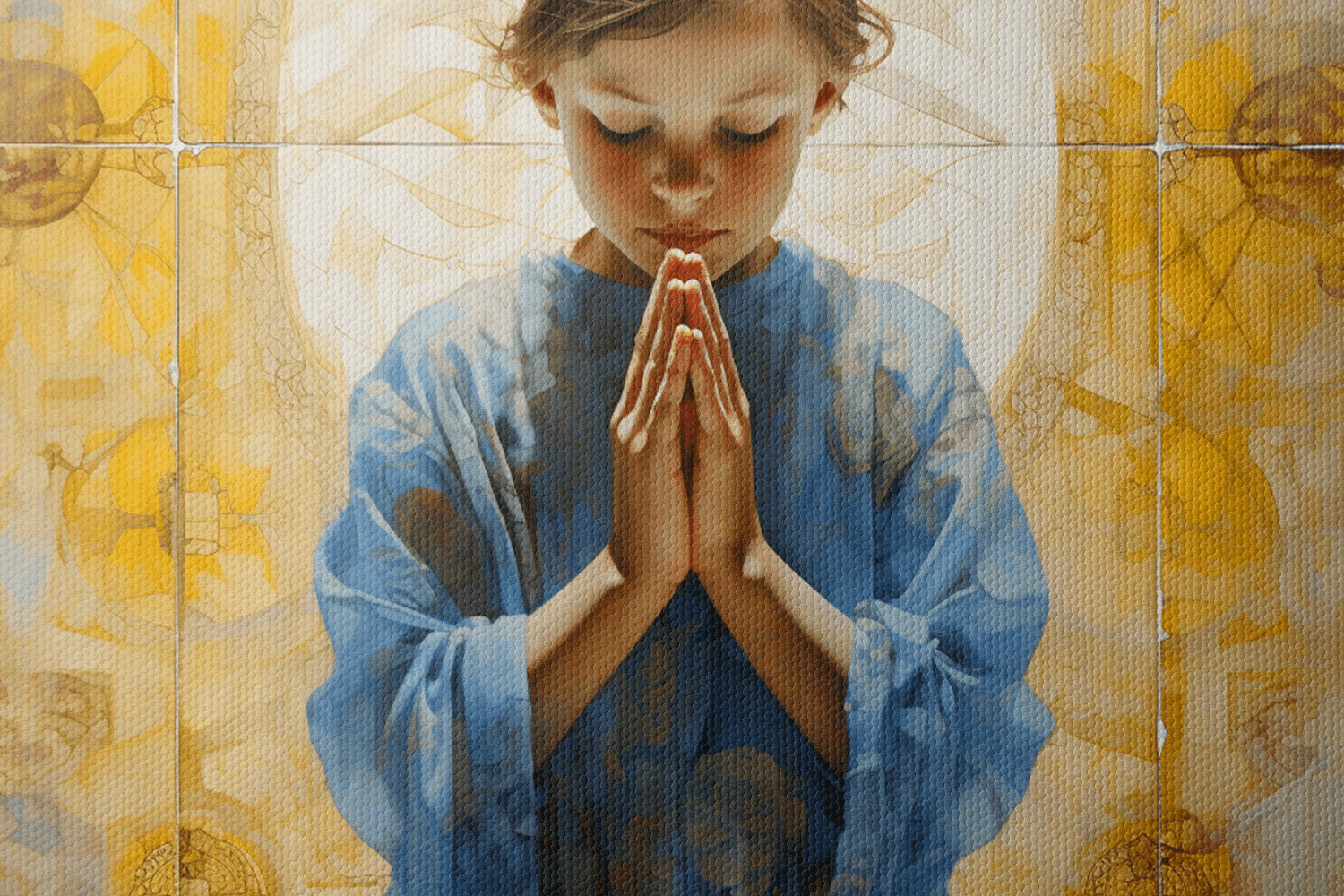 Closeup of a Painting on a canvas of a girl praying with her eyes closed in a Catholic chapel
