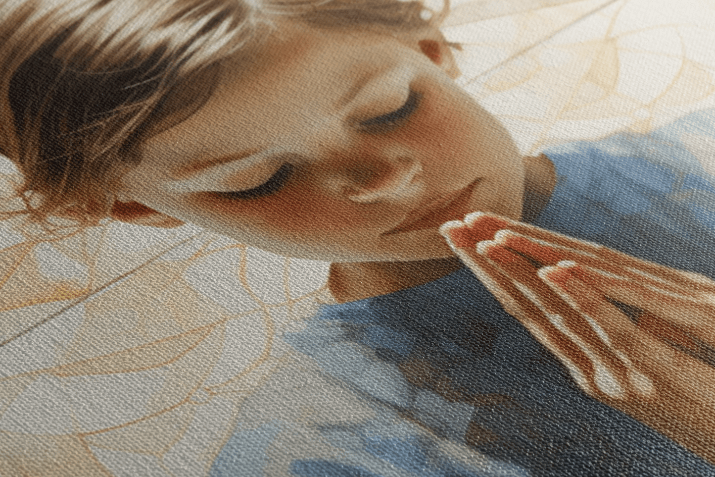 Closeup of a detailed Painting on a canvas of a girl praying with her eyes closed in a Catholic chapel