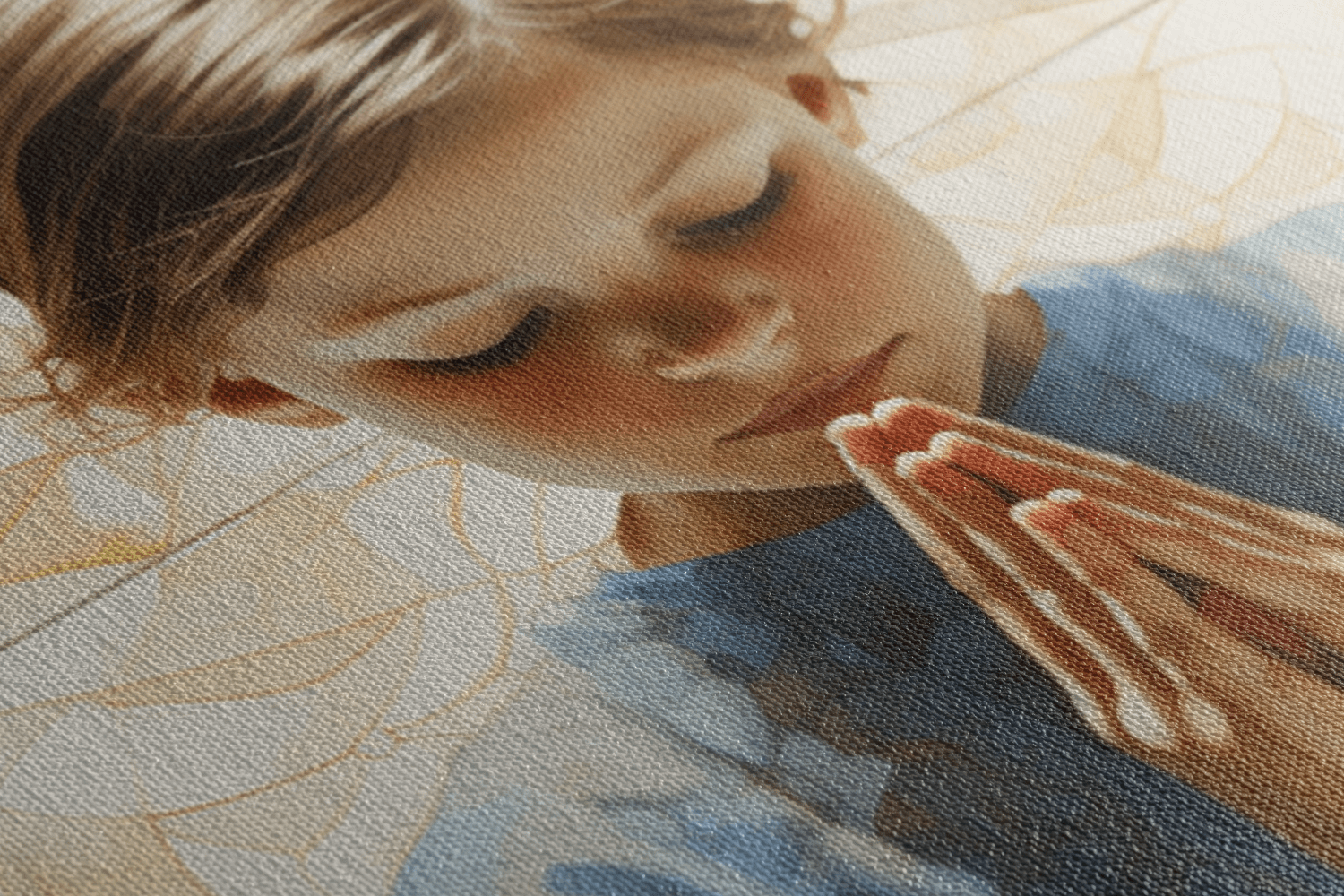 Closeup of a detailed Painting on a canvas of a girl praying with her eyes closed in a Catholic chapel