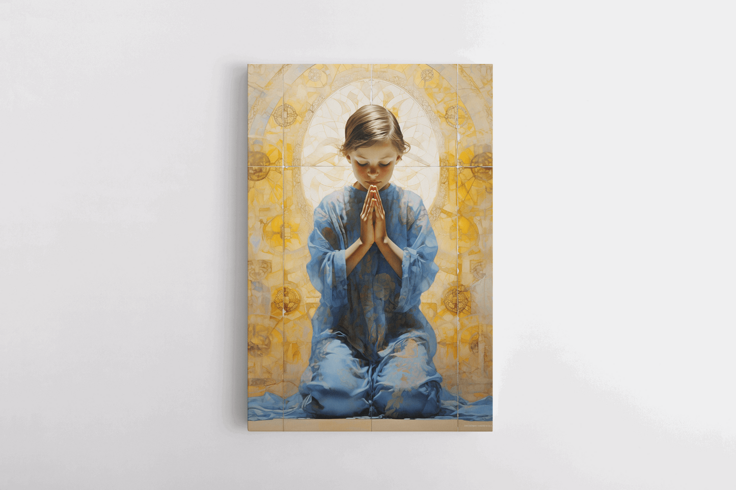 Wall Art Painting on a canvas of a girl praying with her eyes closed in a Catholic chapel