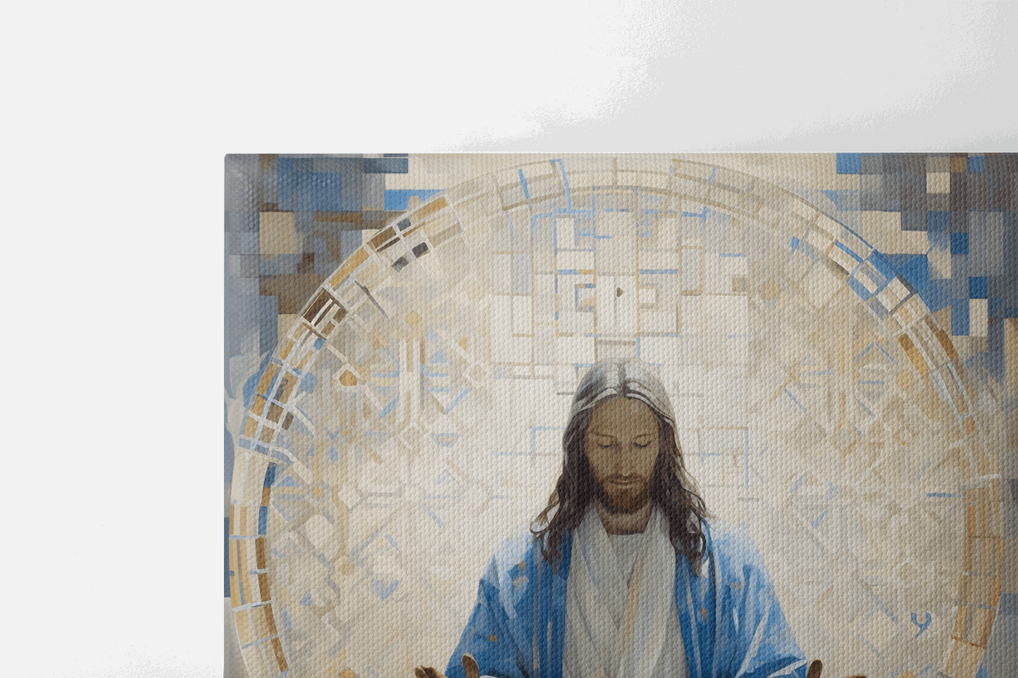 Closeup of a Canvas Wall Art Catholic Oil Painting of Jesus Christ Sitting in a chapel in front of a window