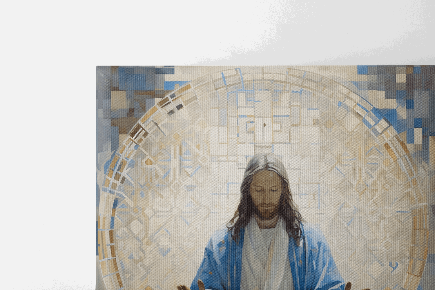 Closeup of a Canvas Wall Art Catholic Oil Painting of Jesus Christ Sitting in a chapel in front of a window