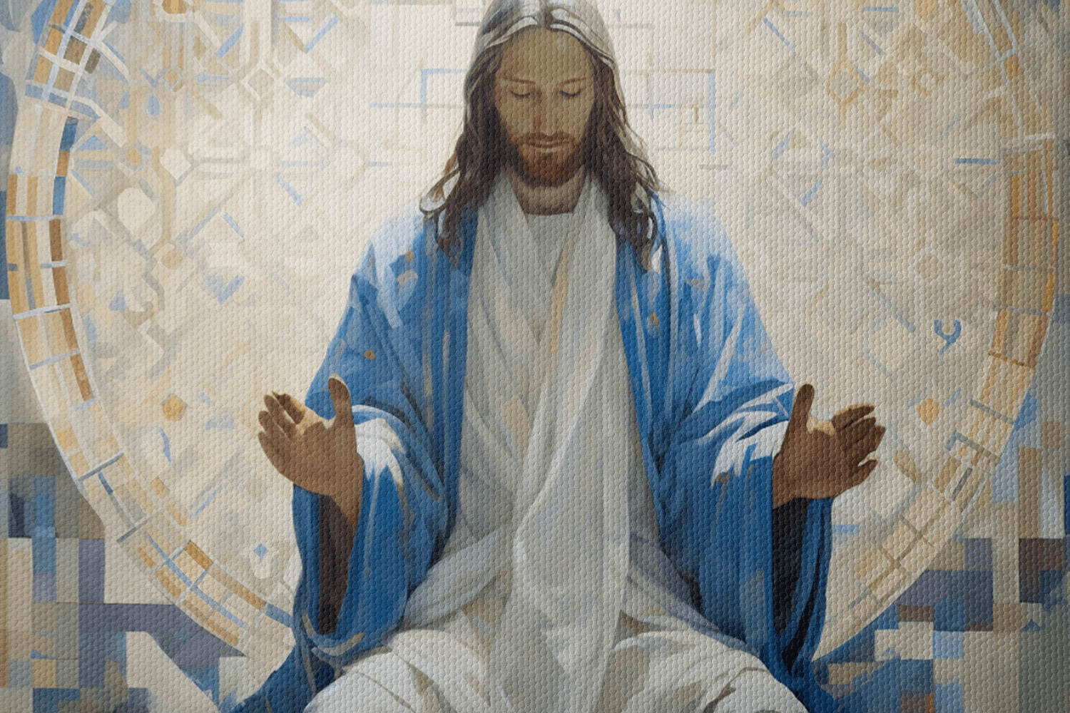 Closeup of Canvas Wall Art Catholic Oil Painting of Jesus Christ Sitting in a chapel in front of a window