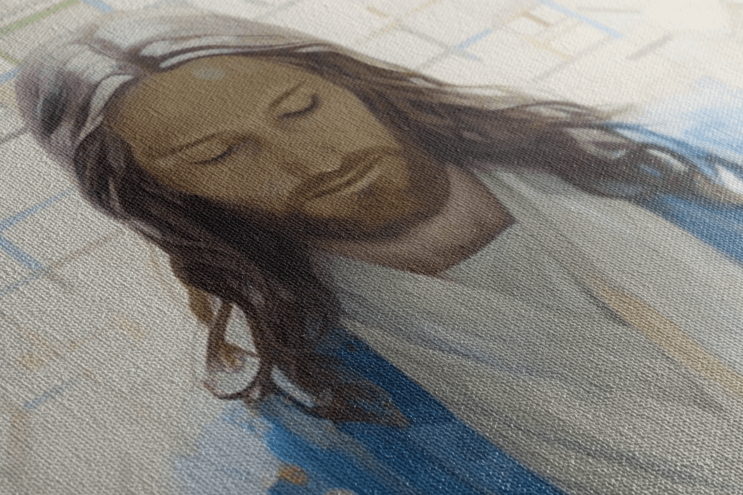 Detailed closeup of Canvas Wall Art Catholic Oil Painting of Jesus Christ Sitting in a chapel in front of a window