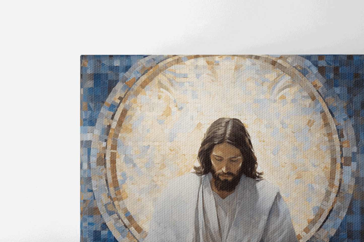Top view of Canvas Wall Art Mosaic Style Christian Painting of Jesus Christ sitting in front of a window in a chapel
