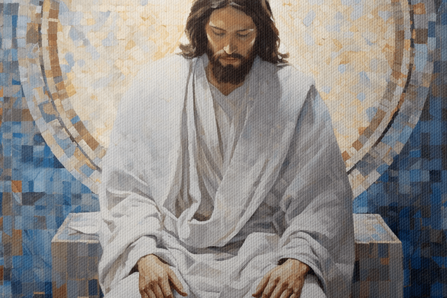 Closeup of Canvas Wall Art Mosaic Style Christian Painting of Jesus Christ sitting in front of a window in a chapel