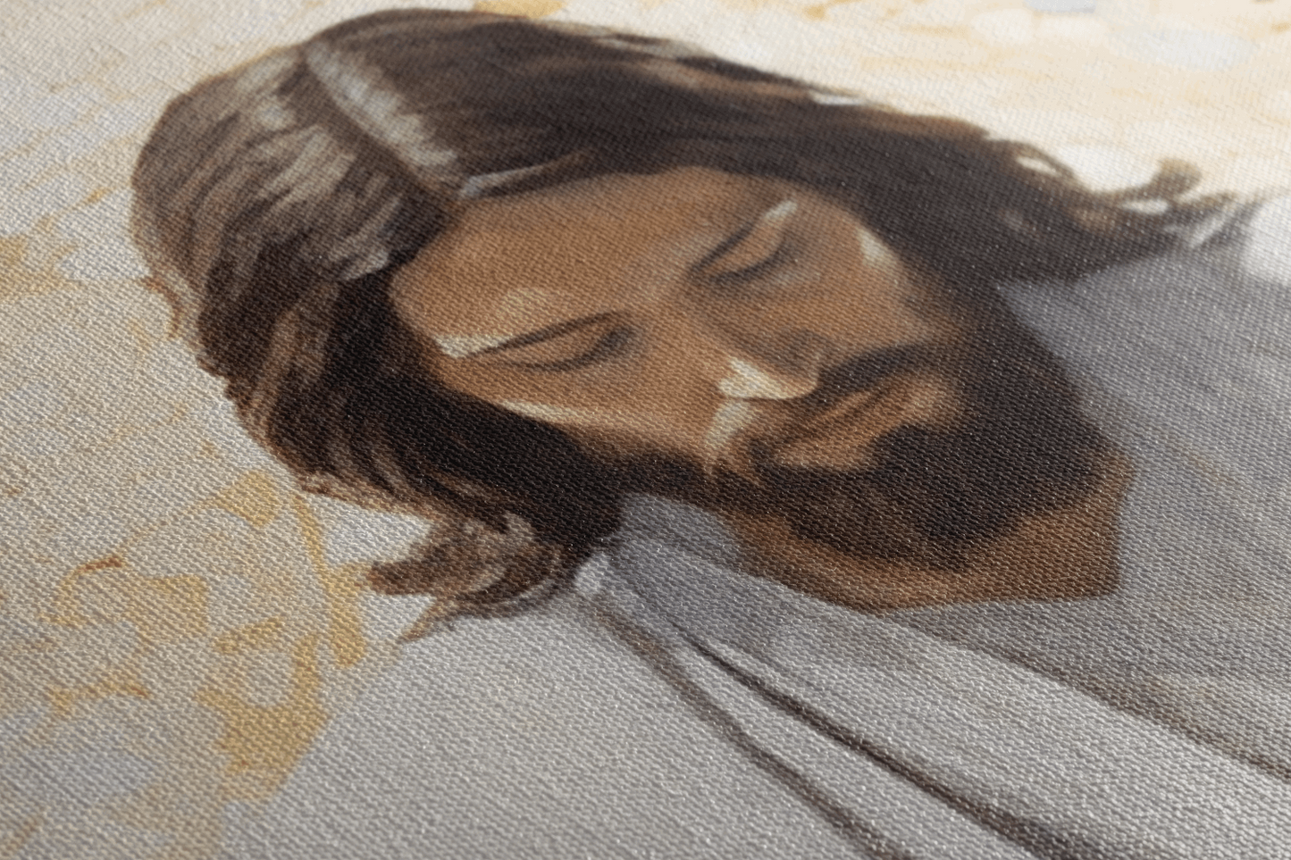 Detailed closeup of Canvas Wall Art Mosaic Style Christian Painting of Jesus Christ sitting in front of a window in a chapel