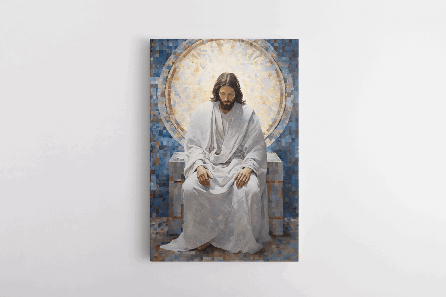 Canvas Wall Art Mosaic Style Christian Painting of Jesus Christ sitting in front of a window in a chapel