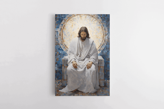 Canvas Wall Art Mosaic Style Christian Painting of Jesus Christ sitting in front of a window in a chapel